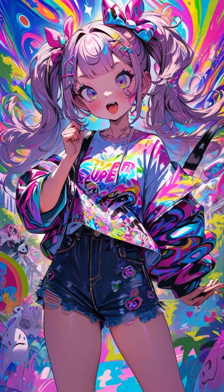 masterpiece of, super-detailed, top quality, superb, vivid, harajuku fashion, cute, gal, decora-inspired, action painting, (psychedelic:1.5), portfolio
