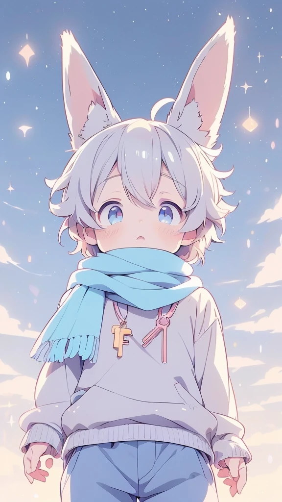 a cartoon picture of a boy with a rabbit ears and a scarf, official anime artwork, key anime visuals, key anime art, official art, anime cover, key anime visual, anime boy, cute anime, today's featured anime still, trending on artstation pixiv, anime wallaper, anime lush john 8k woods, anime background, anime wallpaper 4 k