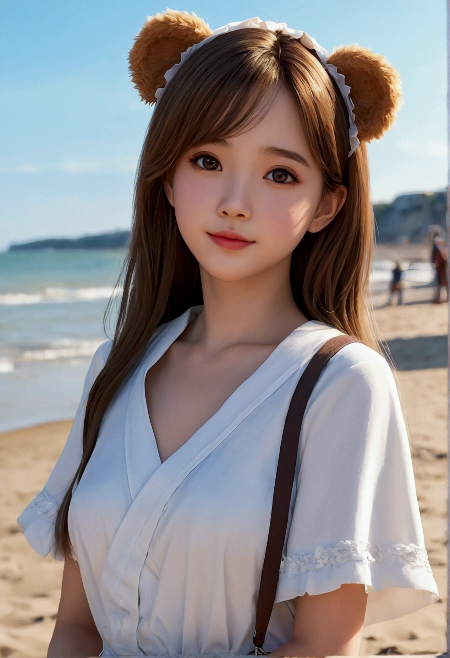 il y a une femme tenant un ours en peluche sur la plage, portrait réaliste kawaii, jolie fille animée, visuel animé d'une jolie fille, art cg anime lisse, oeuvre d'art dans le style de guweiz, portrait of jolie fille animée, joli portrait, beau portrait animé, belle fille animée, jolie fille animée portrait, style anime 3D réaliste qui ne porte pas de vêtements