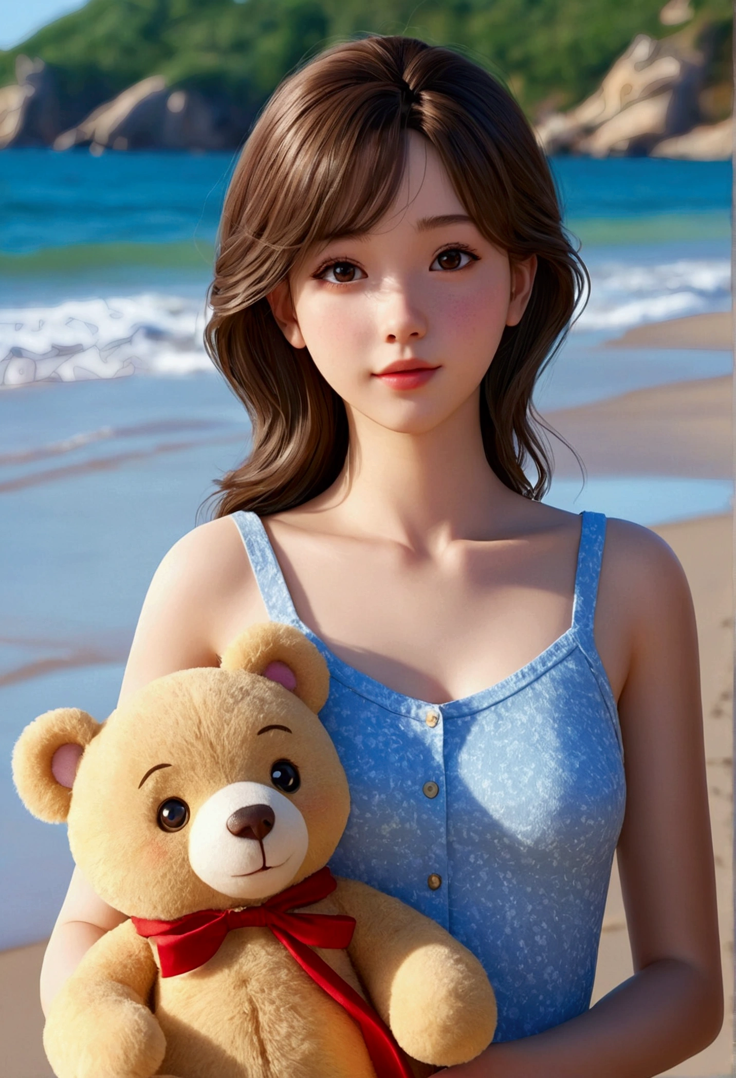 il y a une femme tenant un ours en peluche sur la plage, portrait réaliste kawaii, jolie fille animée, visuel animé d'une jolie fille, art cg anime lisse, oeuvre d'art dans le style de guweiz, portrait of jolie fille animée, joli portrait, beau portrait animé, belle fille animée, jolie fille animée portrait, style anime 3D réaliste qui ne porte pas de vêtements