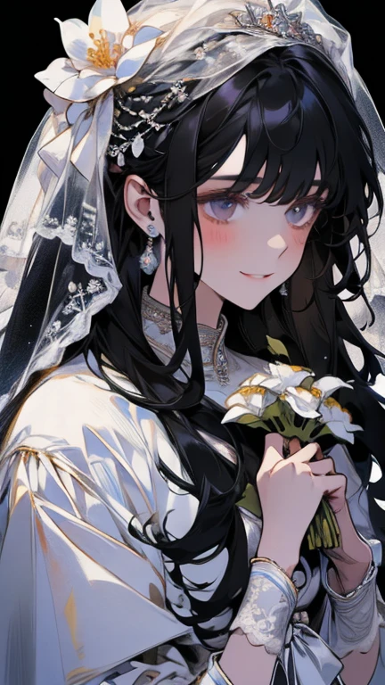 wedding,Bride in white wedding dress holding flowers,Smile,Perfect face,Black Hair,Perfect face,Full body portrait