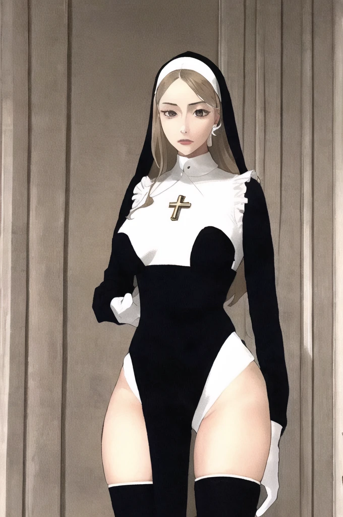 (masterpiece, Highest quality, Super detailed, Absurd:1.5), One girl, (sexy, Beautiful woman, Perfect Face, Perfect Eyes, Perfect female body:1.5), (Tutututu, (Nuns), (Cross Necklace), Latex bodysuit, Shiny clothes, Fits perfectly to the skin, habit, Latex gloves, Black bodysuit, Thigh-high boots, ), (Are standing, indoor, cathedral), Perfect lighting, Smooth, High resolution