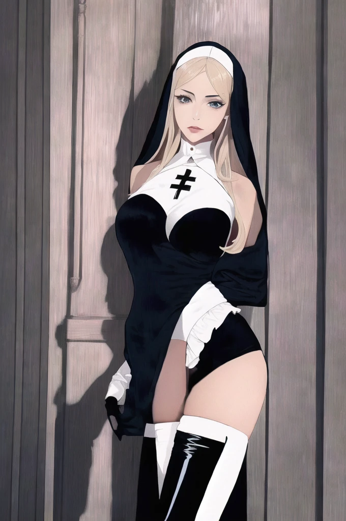 (masterpiece, Highest quality, Super detailed, Absurd:1.5), One girl, (sexy, Beautiful woman, Perfect Face, Perfect Eyes, Perfect female body:1.5), (Tutututu, (Nuns), (Cross Necklace), Latex bodysuit, Shiny clothes, Fits perfectly to the skin, habit, Latex gloves, Black bodysuit, Thigh-high boots, ), (Are standing, indoor, cathedral), Perfect lighting, Smooth, High resolution