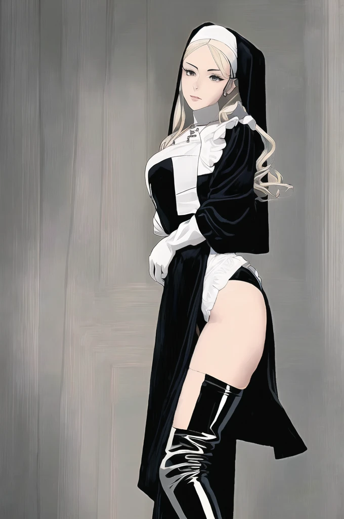 (masterpiece, Highest quality, Super detailed, Absurd:1.5), One girl, (sexy, Beautiful woman, Perfect Face, Perfect Eyes, Perfect female body:1.5), (Tutututu, (Nuns), (Cross Necklace), Latex bodysuit, Shiny clothes, Fits perfectly to the skin, habit, Latex gloves, Black bodysuit, Thigh-high boots, ), (Are standing, indoor, cathedral), Perfect lighting, Smooth, High resolution