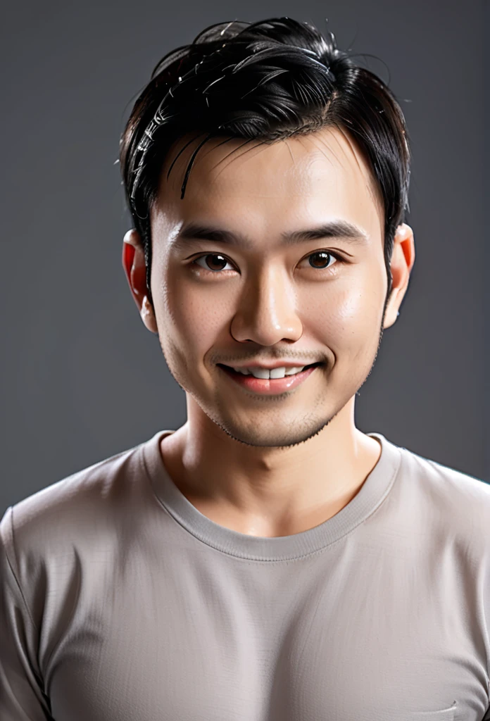 Hyperrealistic 4D Cartoon style character with big head. 35 year old Indonesian man, ideal body, black hair (combed in the middle) and black t-shirt. smiling at the camera with hands in ready position, gray background. Use soft photography lighting. Hair lighting, top lighting, side lighting, high quality photos, UHD, 16K