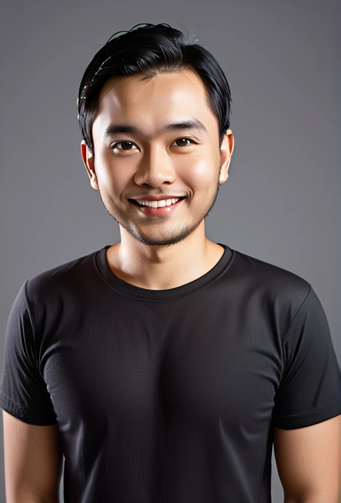 Hyperrealistic 4D Cartoon style character with big head. 35 year old Indonesian man, ideal body, black hair (combed in the middle) and black t-shirt. smiling at the camera with hands in ready position, gray background. Use soft photography lighting. Hair lighting, top lighting, side lighting, high quality photos, UHD, 16K