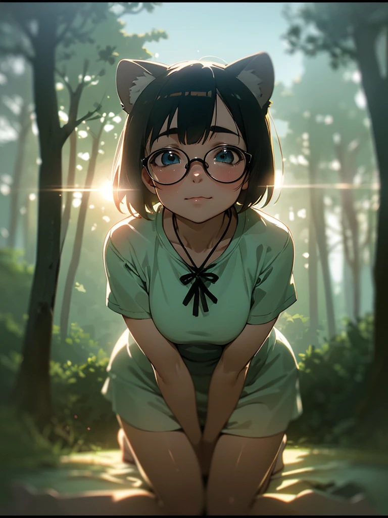(Sumilux f1.4 75mm , low Latitude old color negative film , cross process , bokeh, flare, chromatic aberration , soft focus, (Shallow focus) , soft glow , Maximum aperture, High Key , Transparent depiction) , kawaii anime female raccoon dog , butter face , two apart melons , dripping lotion from the Thick-rimmed glasses , in the foggy forest , clothed erotica , Kneeling , (looking up to the sky) , doggy style , A sloppy look , two Melons is about to spill out