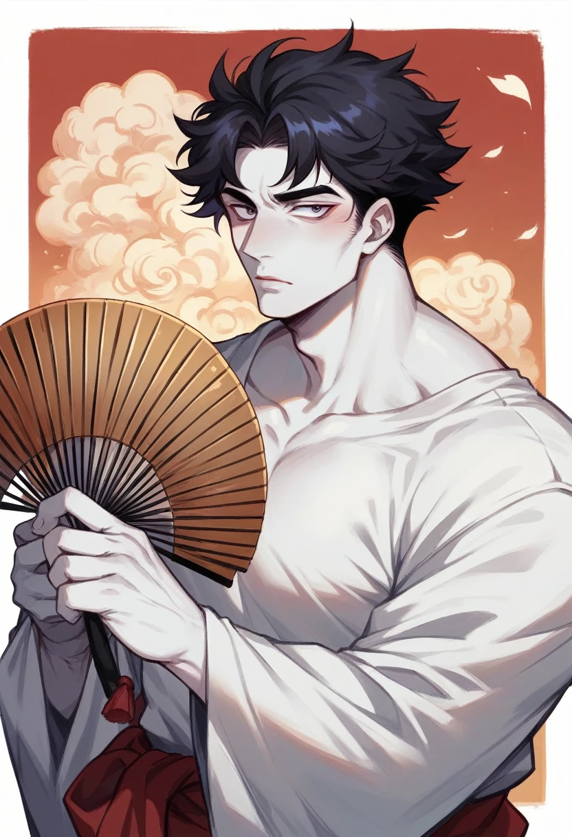 Create a handsome Chinese man from ancient eras with long black hair and bluish eyes and full pink lips, white skin and 1.85 tall, wearing a dark purple hanfu and holding a combat fan