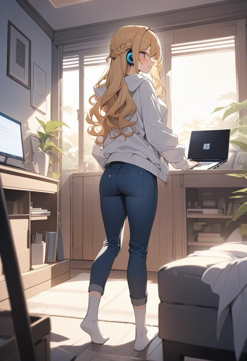 masterpiece, best quality, extremely detailed, ultra detailed, flat anime, 2D,
1girl, (young adult:1.2),blonde hair, (semi-long hair:1.2), curly hair, french braid, medium breasts, tsurime, height 1.7meters,
white hooded sweatshirt, jeans, earring,bracelet, long sleeves, ((Bluetooth small earphone)),socks,
Back view of a laptop computer,Operating a laptop computer,
from behind, full body, ((looking back)), open mouth, looking at another,
summer, livingroom, 12AM., standing