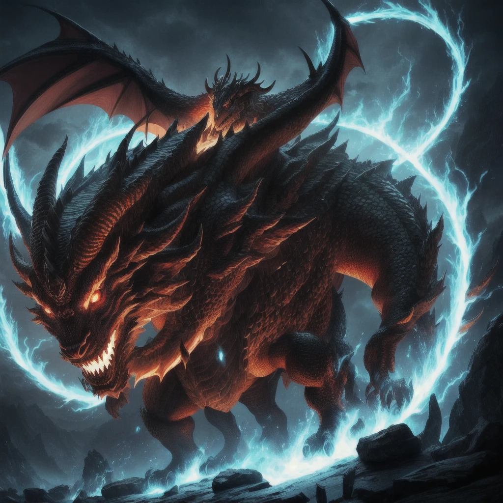 Dragon god, dragon of life, big horns, giant horns, beast, glowing eyes