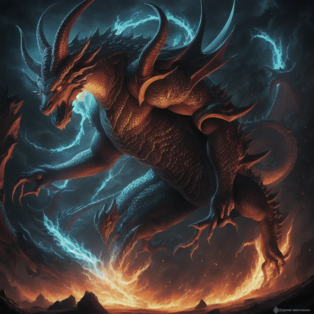 Dragon god, dragon of life, big horns, giant horns, beast, glowing eyes