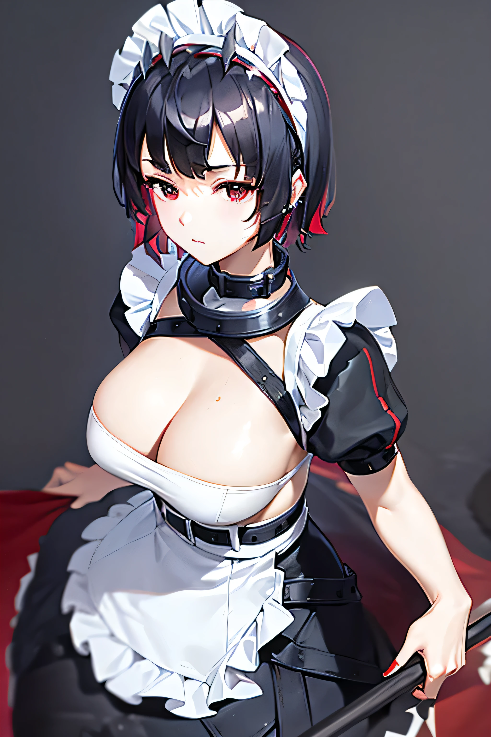 Masterpiece, high resolution, beautiful, perfect body, big breasts, short black hair, red hair under the black hair, ear hoops, dressed as a maid