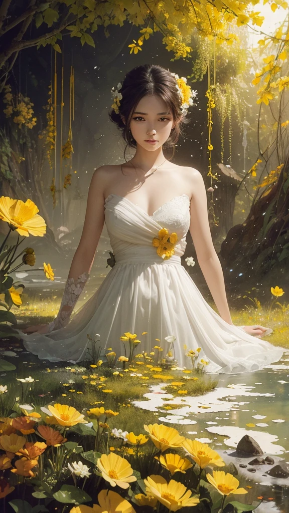 32k, Masterpiece, highest quality, One girl, Detailed eyes, flower,Sandersonia, Yellow and white style,A dreamy, romantic piece,Pale orange, Mysterious Leaves,A playful arrangement,Fantasy,High Contrast,Ink strokes,explosion,Exposure, Impression of yellow and white tones,Abstract,((Watercolours by John Berkey and Jeremy Mann )) Brush strokes,Negative Space, Tyndall effect,