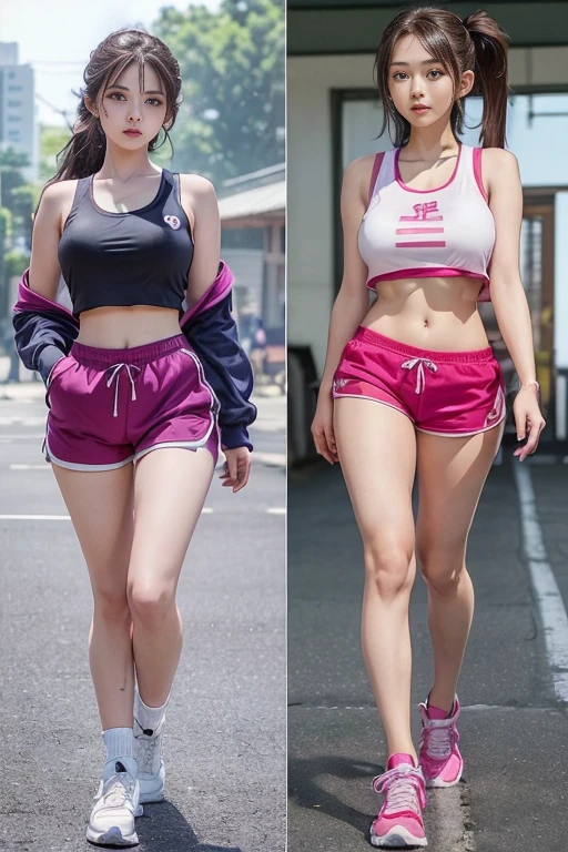 13 year old, top-quality、Beautiful skin、(huge beautiful breasts、Ultramammy:1.3),(Very slender、Twin-tailed、Tracksuit shorts、Sexy Fashion、Color、Tank Tops、School Randoseru、school classrooms、Changing clothes、You can see the crack of the buttocks、elementary student:1.3),