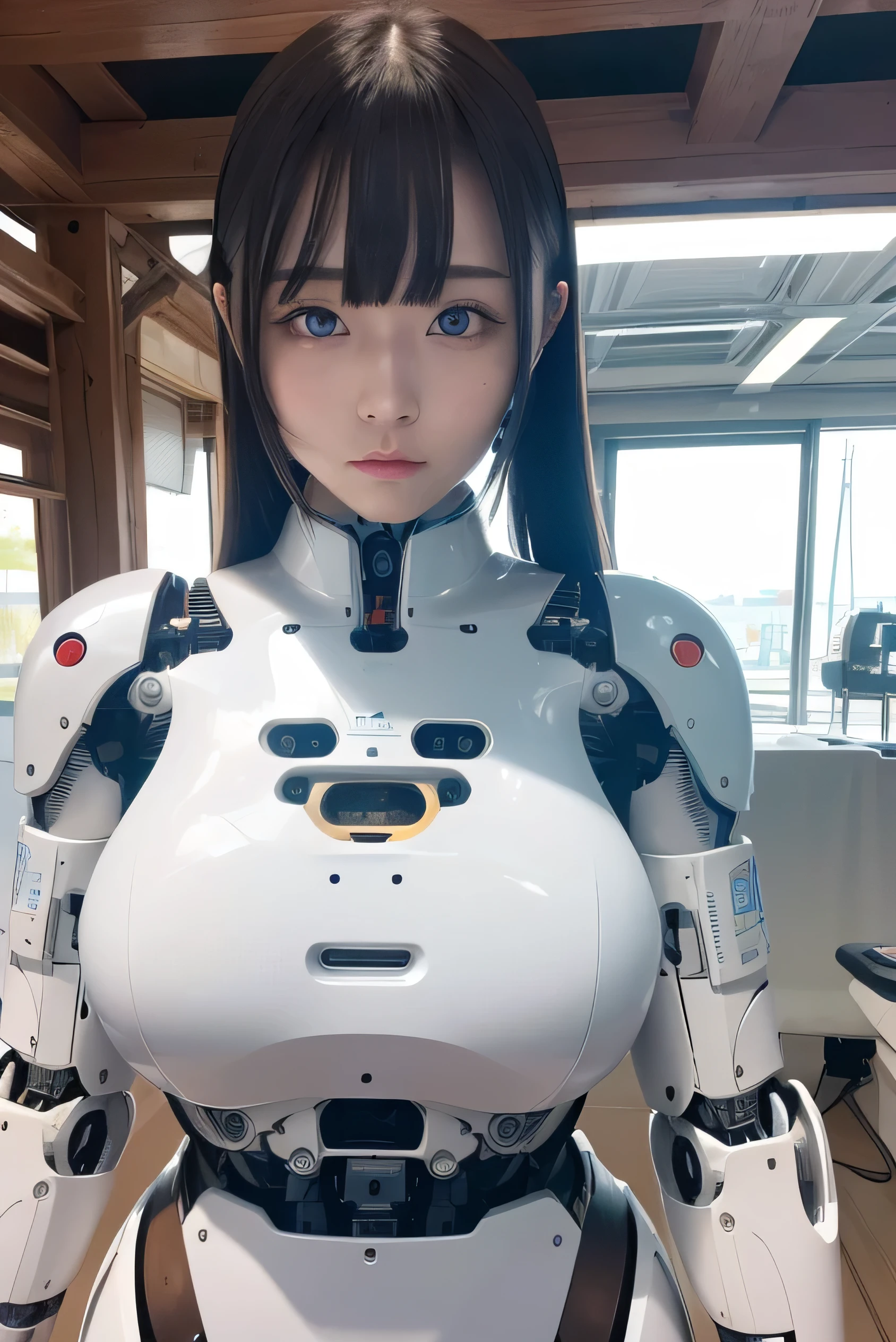 masterpiece, best quality, extremely detailed, Japanese android girl,Plump ,control panels,robot arms,robot,android,cyborg,white robot body,ceramic body,perfect robotgirl,blunt bangs,sumo wrestler,blue eyes
