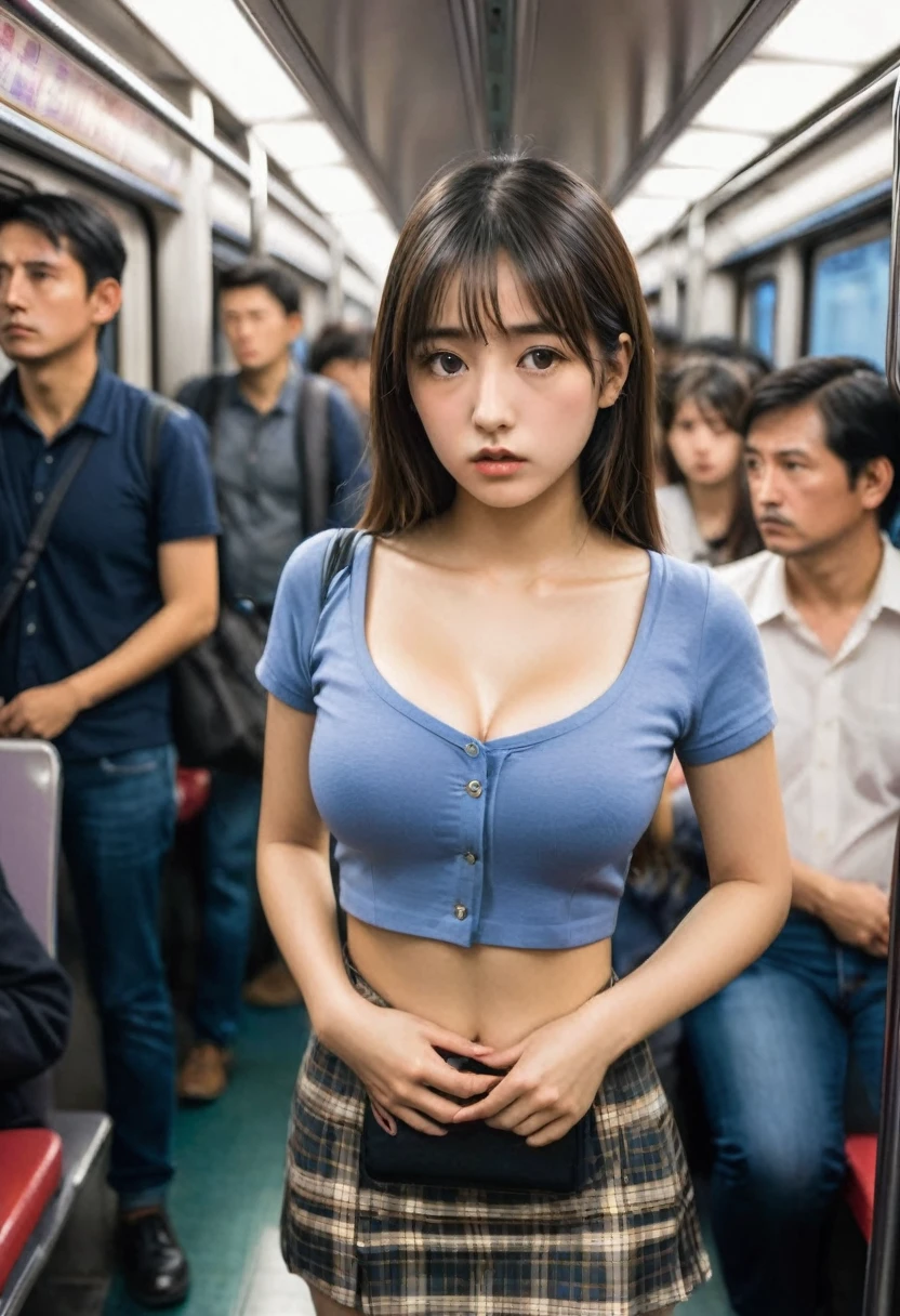 One girl, Being watched by my uncles,Cleavage,Miniskirt with visible buttocks,Are standing,Embarrassed look, intensive contact, In a crowded train,