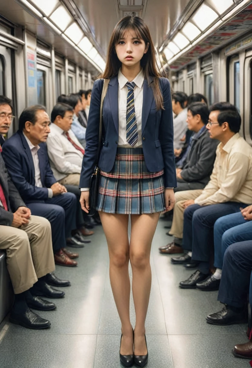 One girl, Being watched by my uncles,Cleavage,Miniskirt with visible buttocks,Are standing,Embarrassed look, intensive contact, In a crowded train,