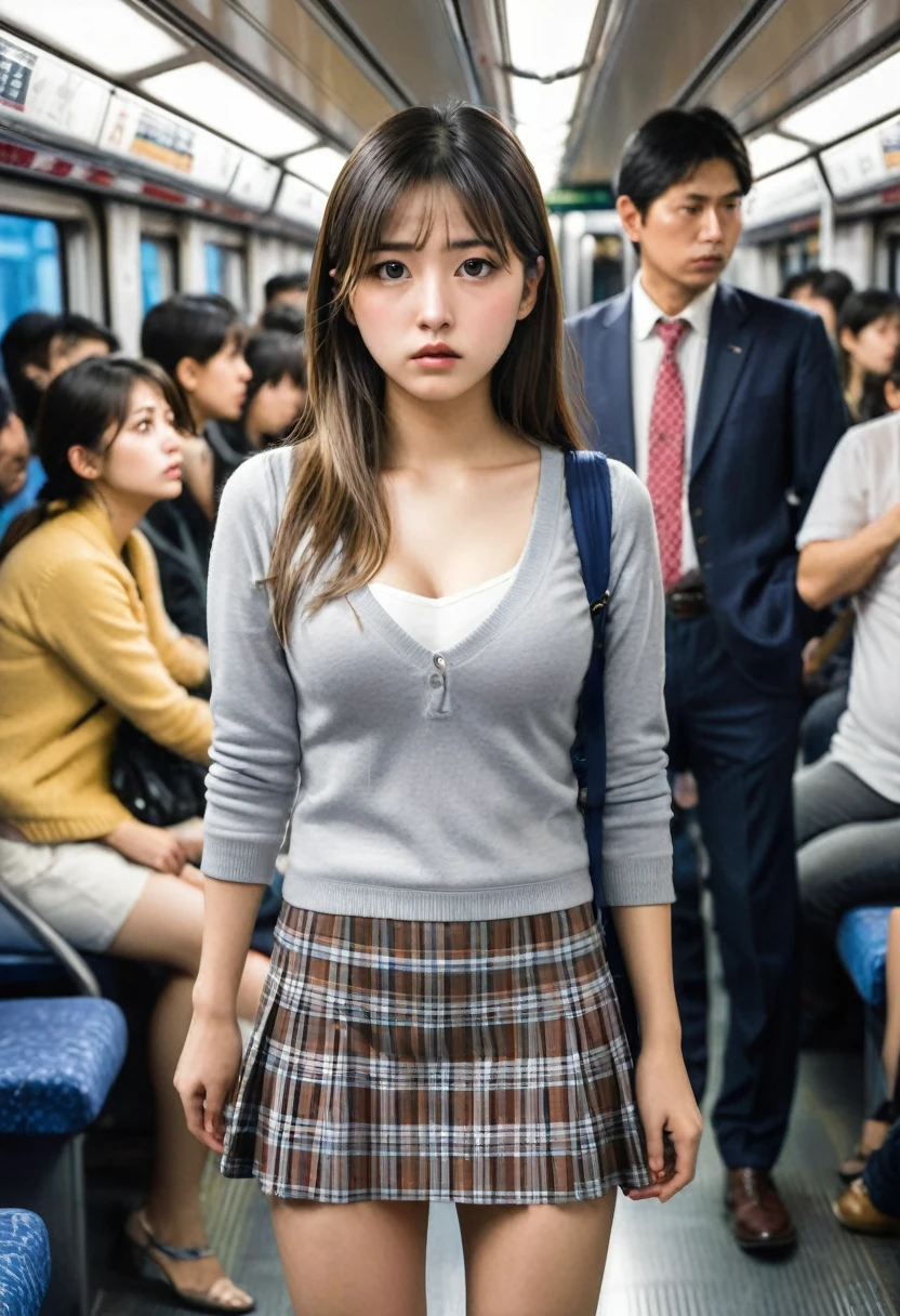 One girl, Being watched by my uncles,Cleavage,Miniskirt with visible buttocks,Are standing,Embarrassed look, intensive contact, In a crowded train, 