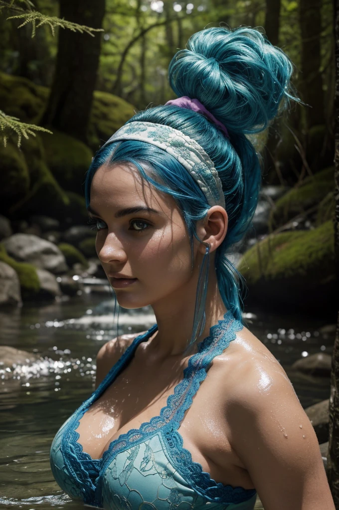 Best Quality, Masterpiece, super high resolution, A super model Bulma from Dragon Ball immersed in hot springs outdoors, stone hot springs, surrounded by moss and trees, super beautiful face, pure body, loose light blue hair that looks blue clear pores visible, (SMILE:0.8), using division (lace headband:1.2), (realism:1.5), Photo original, soaked body, covered in sweat, bare shoulders, in the dark, deep shadows, low-key, cold light