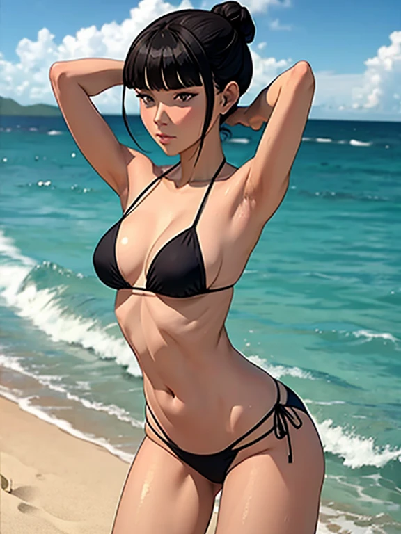 Mai in bikini, 1 Girl,  beach in background, slim athletic body, flat chested, 