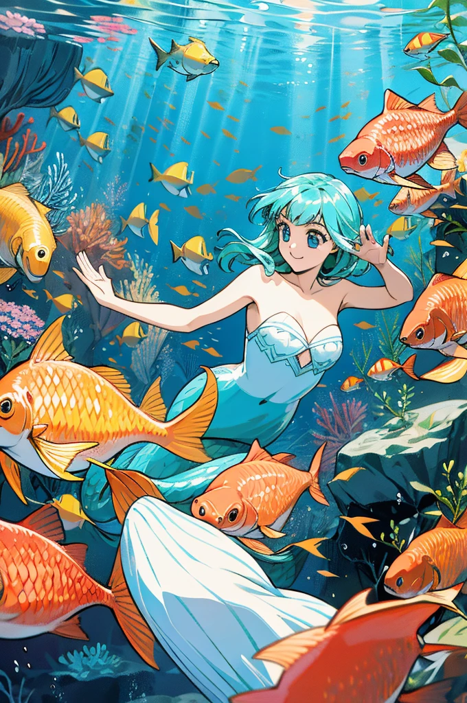 anime style, super fine illustration, highly detailed, dynamic angle, beautiful detailed, 8k, In the summer, at midday, underwater, BREAK vivid tropical fish swim in schools, surrounded by colorful corals on the seabed. A graceful sea turtle swims among them. BREAK A beautiful mermaid swims happily around, smiling occasionally. BREAK Sunlight filters through the water, brightly illuminating the scene. BREAK Everyone is enjoying the underwater world.(LoRA:0.7)