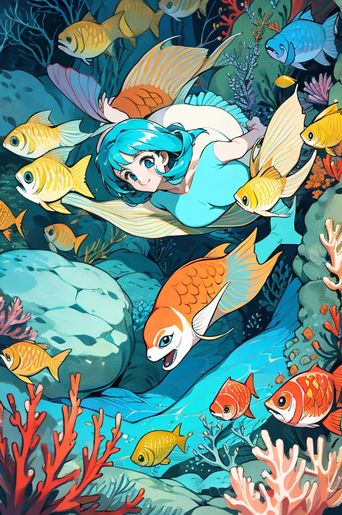 anime style, super fine illustration, highly detailed, dynamic angle, beautiful detailed, 8k, In the summer, at midday, underwater, BREAK vivid tropical fish swim in schools, surrounded by colorful corals on the seabed. A graceful sea turtle swims among them. BREAK A beautiful mermaid swims happily around, smiling occasionally. BREAK Sunlight filters through the water, brightly illuminating the scene. BREAK Everyone is enjoying the underwater world.(LoRA:0.7)