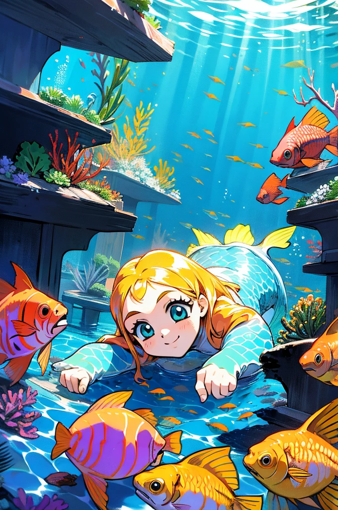 anime style, super fine illustration, highly detailed, dynamic angle, beautiful detailed, 8k, In the summer, at midday, underwater, BREAK vivid tropical fish swim in schools, surrounded by colorful corals on the seabed. A graceful sea turtle swims among them. BREAK A beautiful mermaid swims happily around, smiling occasionally. BREAK Sunlight filters through the water, brightly illuminating the scene. BREAK Everyone is enjoying the underwater world.(LoRA:0.7)