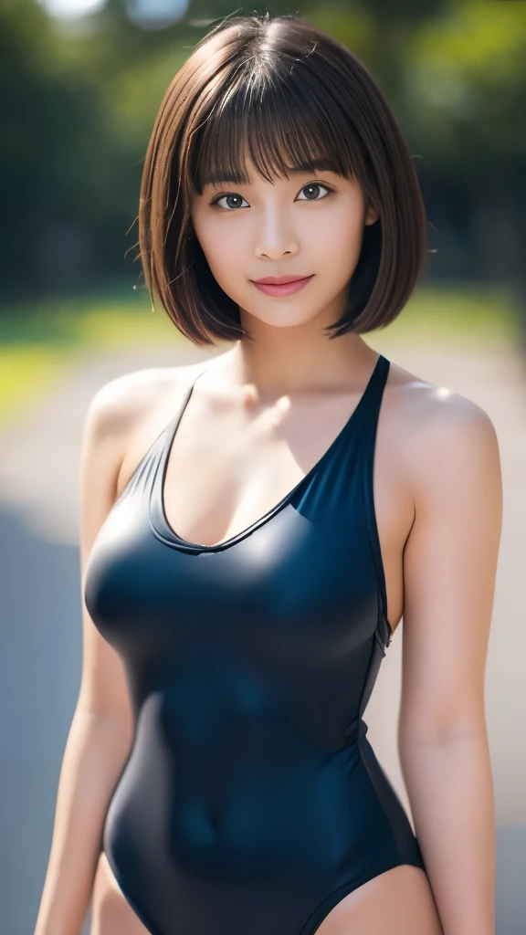 masterpiece, best quality, ultra high res, ultra detailed, sharp focus, 1girl, 独奏, a stunning pretty and beautiful Japanese sexy model, looking at viewer:1.3, (bright smile:0.6), dusk, sunset, night, realistic, slender, (standing:1.1), (looking at the viewer:1.3), sexy gaze, blush, asymmetrical bangs, light brown hair, ((20-year-old、naked:1.2、short hair:1.7、Narrow waist、Nipples are visible、Nipples are erect、Sexy Swimsuit))