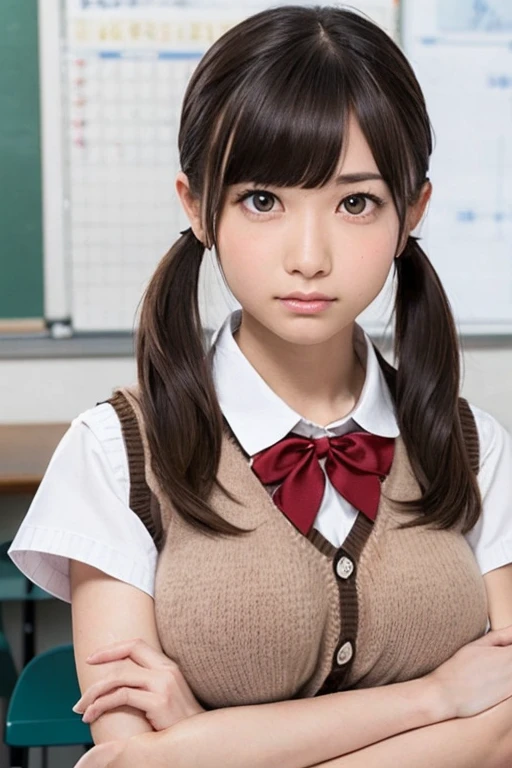 kurokoshirai, kuroko shirai, Brown Hair, Long Hair, (Parted bangs:1.5), (Brown eyes:1.7), Ringlet, Twin tails, hair bow, bow, red bow, (Super big boobs:1.5),
break armband, black skirt, collared shirt, dress shirt, pleated skirt, Safety pin, , shirt, Short sleeve, skirt, Summer clothes, Sweater vest, tokiwadai , Twin tails, white shirt, (brown Sweater vest:1.5),
break looking at viewer, , whole body,
break indoors, classroom,
break (masterpiece:1.2), highest quality, High resolution, unity 8k wallpaper, (shape:0.8), (Beautiful and beautiful eyes:1.6), Highly detailed face, Perfect lighting, Highly detailed CG, (Perfect hands, Perfect Anatomy),Embarrassed face、blush:1.3、fold your arms under your chest:1.3
