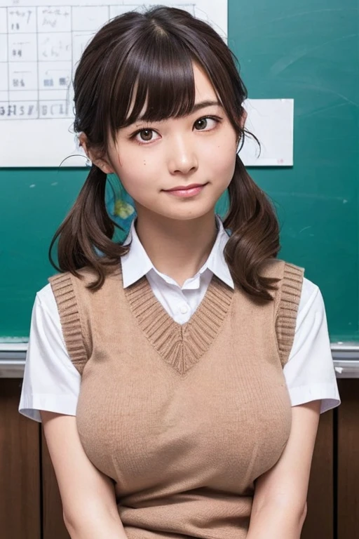 kurokoshirai, kuroko shirai, Brown Hair, Long Hair, (Parted bangs:1.5), (Brown eyes:1.7), Ringlet, Twin tails, hair bow, bow, red bow, (Super big boobs:1.5),
break armband, black skirt, collared shirt, dress shirt, pleated skirt, Safety pin, , shirt, Short sleeve, skirt, Summer clothes, Sweater vest, tokiwadai , Twin tails, white shirt, (brown Sweater vest:1.5),
break looking at viewer, , whole body,
break indoors, classroom,
break (masterpiece:1.2), highest quality, High resolution, unity 8k wallpaper, (shape:0.8), (Beautiful and beautiful eyes:1.6), Highly detailed face, Perfect lighting, Highly detailed CG, (Perfect hands, Perfect Anatomy),Embarrassed face、blush:1.3、fold your arms under your chest:1.3