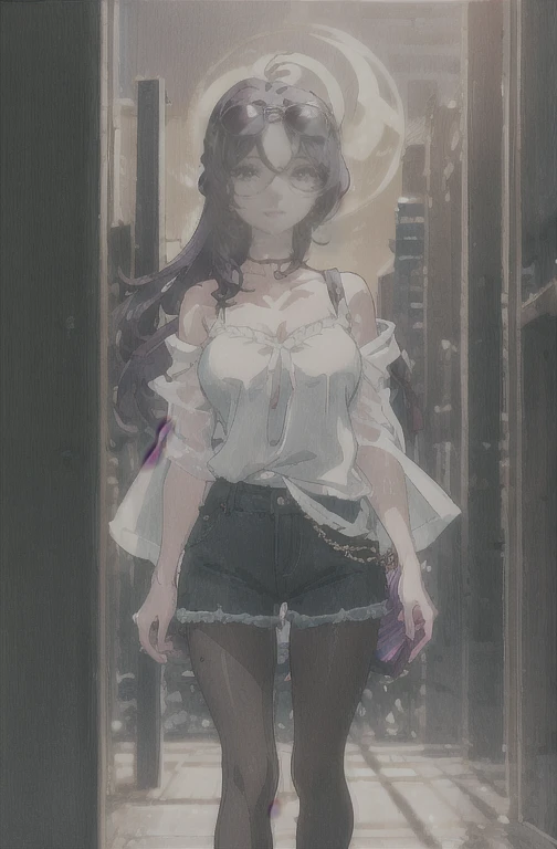 1 girl, standing alone, long hair, gazing at viewer, ssmile, breasts big, chemise, mitts, neckleace, bared shoulders, jewerly, purples eyes, cabelo roxo, pantyhose, aretes, shorts, oculos de sol, Glasses on the head, purple backdrop, round glasses, purple mitts,