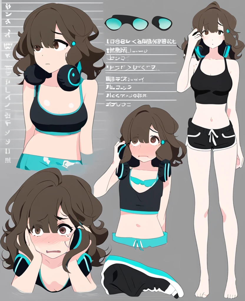 Short, messy, slightly knotted {brown curly hair}, with aqua dye underneath. Brown eyes, black sports bra with shorts, anxious, sleep deprived, woman, reference sheet, headphones around neck, full body, shy stance, 34D bra cup, middle part bangs, hands on headphones