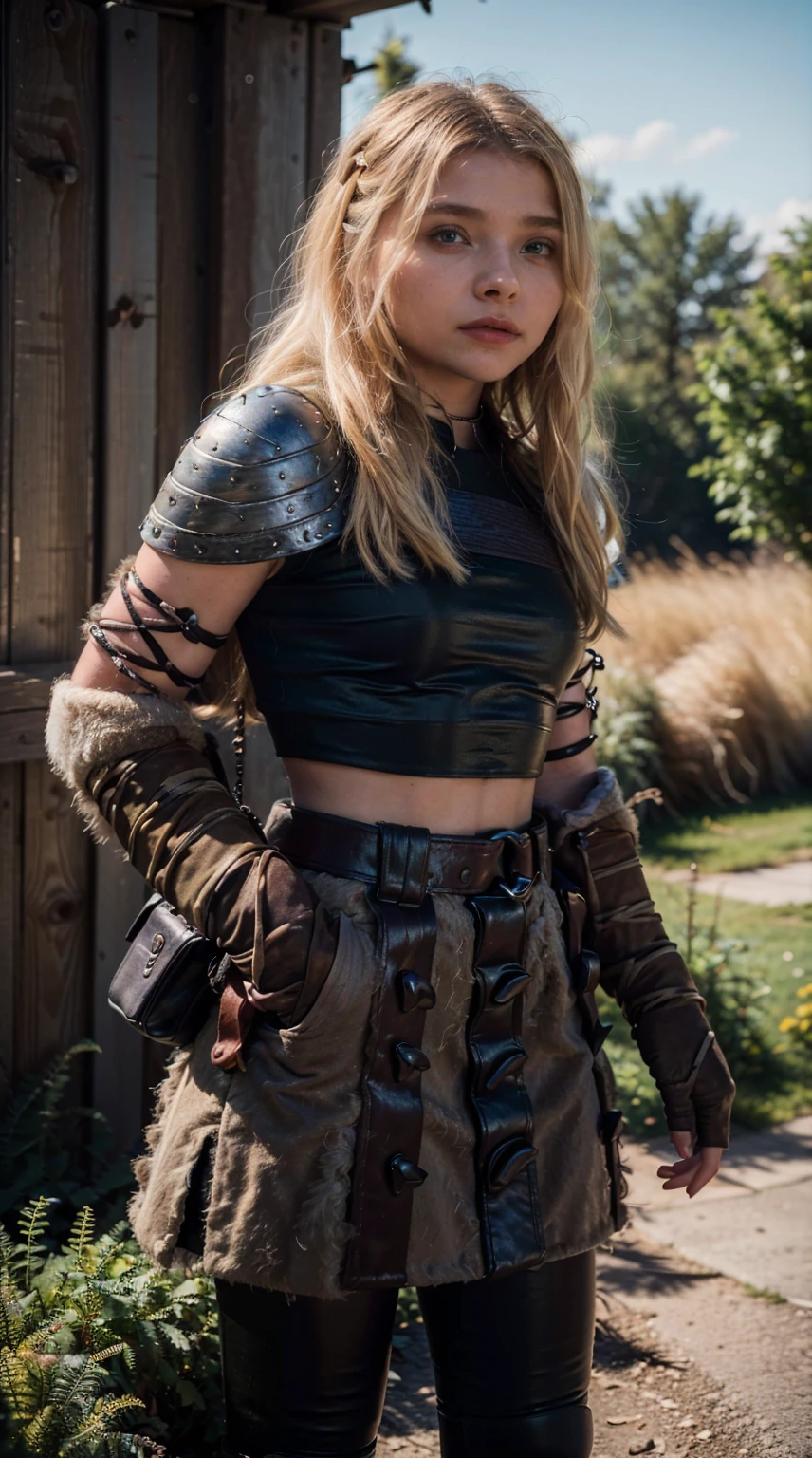 Masterpiece, Best quality,, (photorealistic1.4), (UHD), (epiCRealLife), (flashphoto),, (photorealistic1.4), (Chloe Grace Moretz), (chl03gm), (Astrid Hofferson Costume), (astrid_Character), (Astrid Armor) (AstridWaifu), (cowboy shots), (outdoor), (