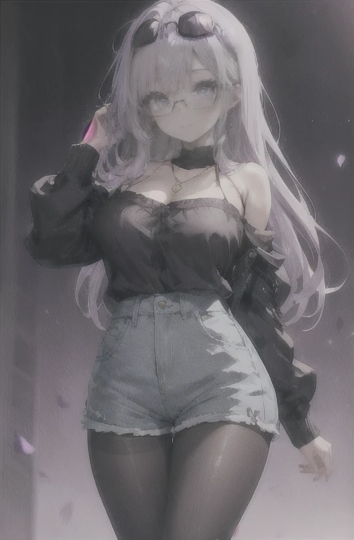 1 girl, standing alone, long hair, gazing at viewer, ssmile, breasts big, chemise, mitts, neckleace, bared shoulders, jewerly, purples eyes, cabelo roxo, pantyhose, aretes, shorts, oculos de sol, Glasses on the head, purple backdrop, round glasses, purple mitts,
