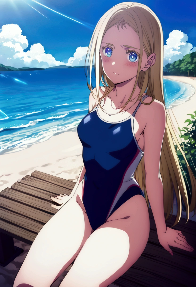 (anime artwork:1.5), best quality, 1girl, solo, Sitting on wooden bench by the beach, looking at viewer, competition swimsuit, blush,