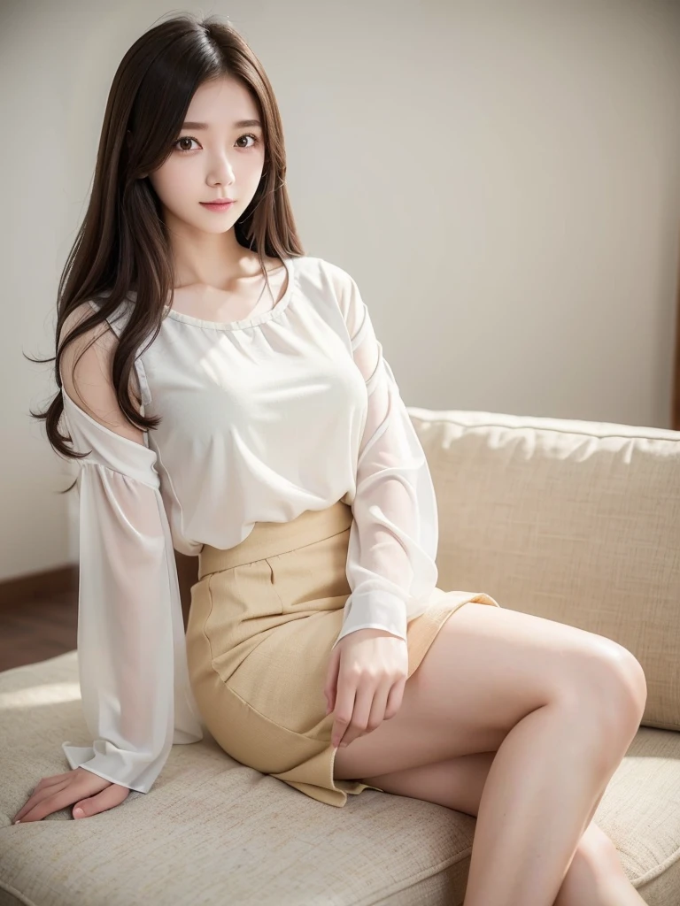 masterpiece, best quality:1.1), (8k, raw photo, photo realistic:1.2, f22), (shiny skin), detailed skin,long hair,detailed face, detailed eyes,smile,BREAK, real world, intricate details, smil, BREAK, 1girl, full body,pink,(blouse,pants,)BREAK, (sitting in a sofa with legs crossed:1.4)
