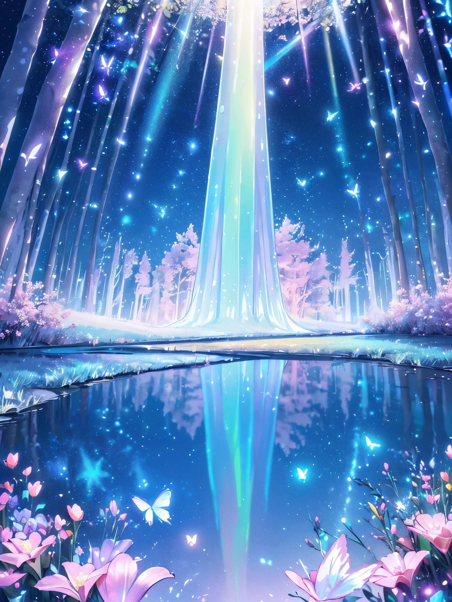 A mystical and enchanted forest, with luminous flowers, multicolored neon butterflies, crystal clear water, beautiful trees, (((unique view with extremely vivid multicolors without any people))), {extremely detailed 16k CG unit wallpaper}, expansive landscape photography, (wide open field view), (low angle shot), ( high light: 1.4), (low light: 1.2), (warm light source: 1.6), complex details, (iridescent colors: 1.6), (bright lighting), (atmospheric lighting), Dreamy, unique, no people, reflections perfect,(no humans),landscape only, 