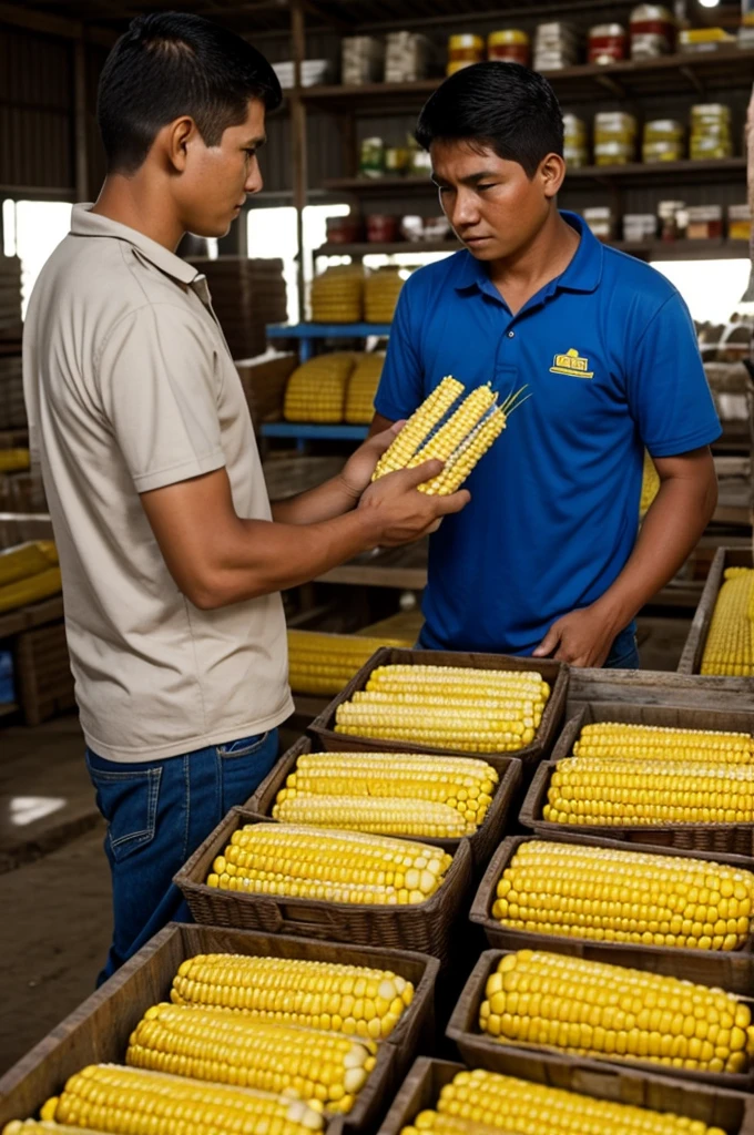 A young man who works in a corn store goes to his boss to collect 5 pesos a week