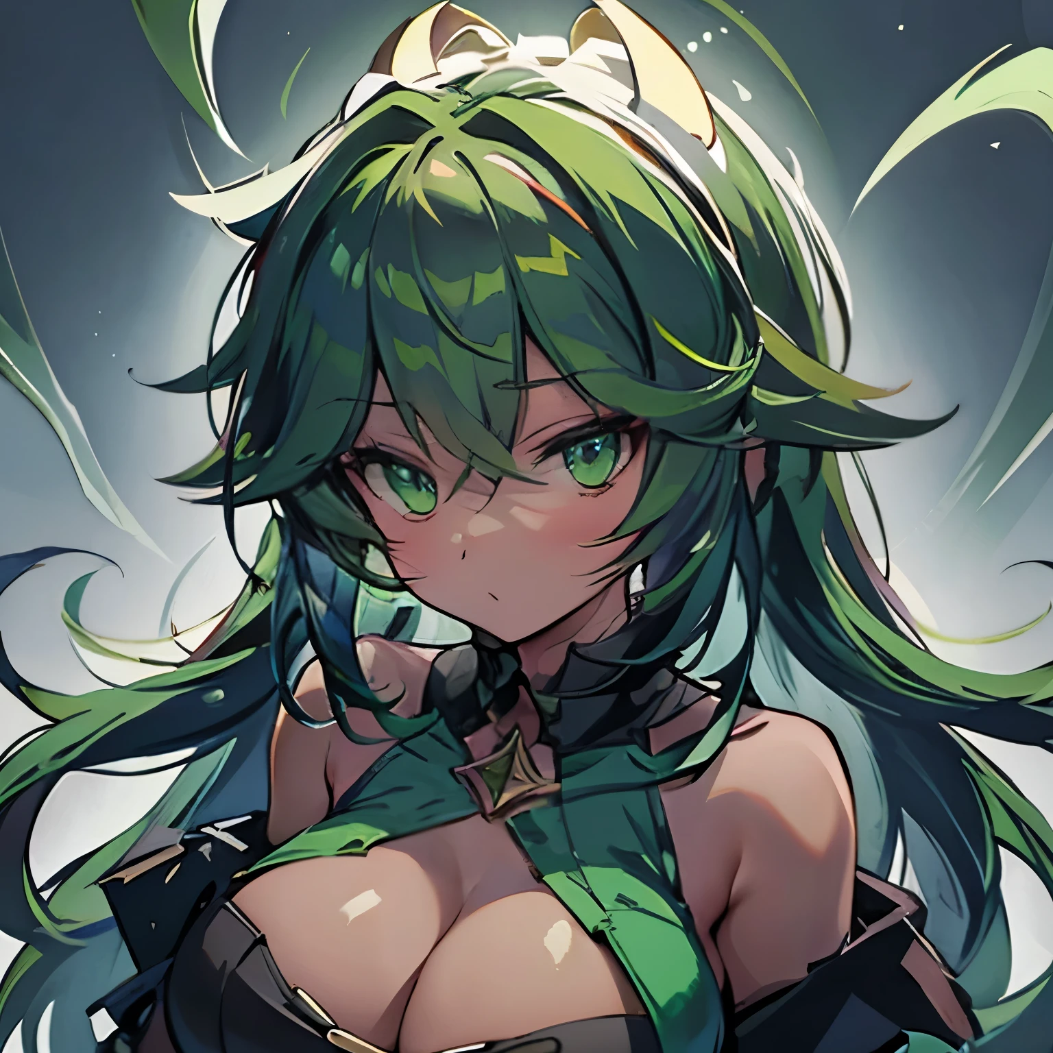 Create an ultra-detailed, best quality, high-resolution masterpiece depicting an umbral elemental with an curvy anime girl figure seeping with green energy perfect shadows, high quality shading, photorealistic, Fukua, dark skin, mocha skin,