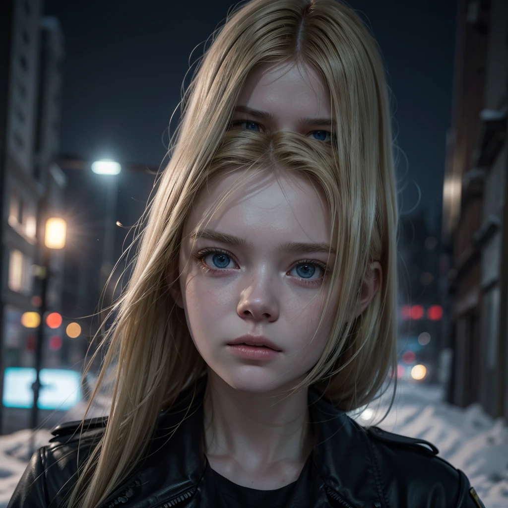 real portrait of 1girl, Elle Fanning, blonde hair, blue eyes, civilian police officer, Focus on upper body, investigation police officer, intricate, cinematic lighting, hairstyle hair, police officer movie, investigation genre, artistic cinematography, premium quality crime movie color grading, upper body shot, detailed skin, fantasy, snowy urban city, model shoot style, (extremely detailed CG), movie scene photo, (Antonio Moro), (Jeremy Mann), high detail, focus sharp, dramatic, reality), realistic
