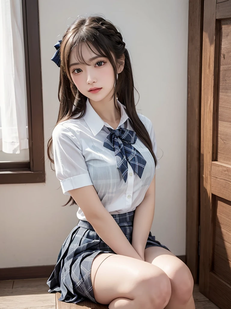 (masterpiece:1.2, Highest quality), (Realistic, photoRealistic:1.4), Beautiful illustrations,
View your viewers, whole body, Front view:0.6,
1 girl, Japanese, high School girl, (Long Hair:1.5), Let your hair flutter, (Half Up, Half Updo), bangs, Hair between the eyes, Large Breasts:0.8,
Beautiful Hair, Beautiful Face, Beautiful attention to detail, Beautiful clavicle, Beautiful body, Beautiful breasts, Beautiful thighs, Beautiful feet, Beautiful fingers,
(Beautiful views), , School,
((Collared short-sleeved shirt, White shirt, , Grey plaid pleated skirt, Blue checked bow tie)), White panties,
(Are standing, , Lift up your skirt, Grab the hem of your skirt, Place your hand on your chest, Place your hands between your legs),
blush, ,