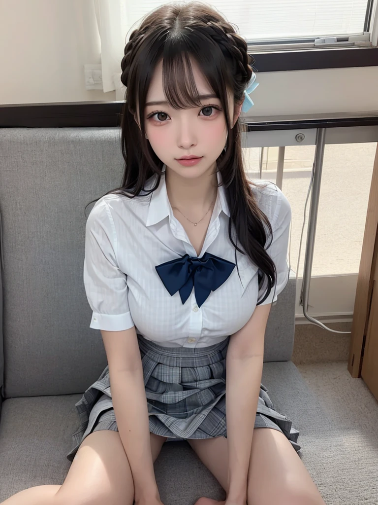 (masterpiece:1.2, Highest quality), (Realistic, photoRealistic:1.4), Beautiful illustrations,
View your viewers, whole body, Front view:0.6,
1 girl, Japanese, high School girl, (Long Hair:1.5), Let your hair flutter, (Half Up, Half Updo), bangs, Hair between the eyes, Large Breasts:0.8,
Beautiful Hair, Beautiful Face, Beautiful attention to detail, Beautiful clavicle, Beautiful body, Beautiful breasts, Beautiful thighs, Beautiful feet, Beautiful fingers,
(Beautiful views), , School,
((Collared short-sleeved shirt, White shirt, , Grey plaid pleated skirt, Blue checked bow tie)), White panties,
(Are standing, , Lift up your skirt, Grab the hem of your skirt, Place your hand on your chest, Place your hands between your legs),
blush, ,
