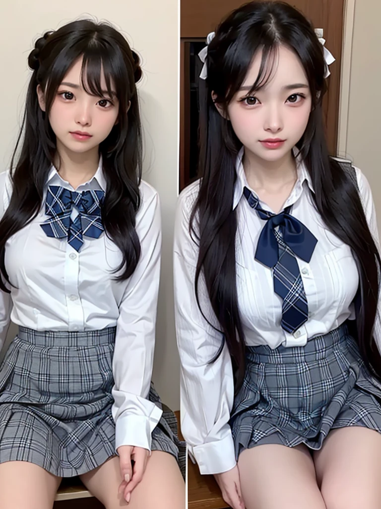 (masterpiece:1.2, Highest quality), (Realistic, photoRealistic:1.4), Beautiful illustrations,
View your viewers, whole body, Front view:0.6,
1 girl, Japanese, high School girl, (Long Hair:1.5), Let your hair flutter, (Half Up, Half Updo), bangs, Hair between the eyes, Large Breasts:0.8,
Beautiful Hair, Beautiful Face, Beautiful attention to detail, Beautiful clavicle, Beautiful body, Beautiful breasts, Beautiful thighs, Beautiful feet, Beautiful fingers,
(Beautiful views), , School,
((Collared short-sleeved shirt, White shirt, , Grey plaid pleated skirt, Blue checked bow tie)), White panties,
(Are standing, , Lift up your skirt, Grab the hem of your skirt, Place your hand on your chest, Place your hands between your legs),
blush, ,