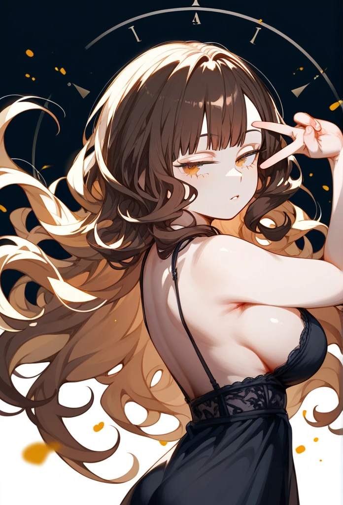 masterpiece, Score_9, Score_8_up, Score_7_up, rear view, 1 woman, alone, brown hair, long curly hair, split bangs, honey eyes, half-closed eyes, parted lips, expressionless, pale skin, large breasts, upper body, Black nightdress with V-neckline, black background, best quality, long and split bangs, boku no Hero academia ,Whole body, Clocks behind her.