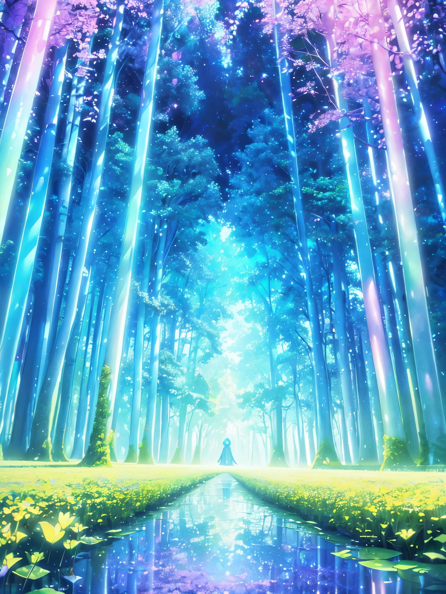 A mystical and enchanted forest, with luminous flowers, multicolored neon butterflies, crystal clear water, beautiful trees, (((unique view with extremely vivid multicolors without any people))), {extremely detailed 16k CG unit wallpaper}, expansive landscape photography, (wide open field view), (low angle shot), ( high light: 1.4), (low light: 1.2), (warm light source: 1.6), complex details, (iridescent colors: 1.6), (bright lighting), (atmospheric lighting), Dreamy, unique, no people, reflections perfect,(no humans),landscape only, 