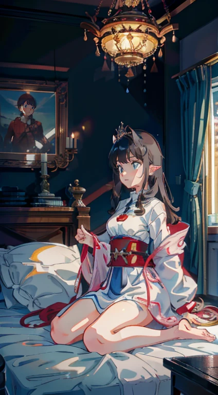 high qualiy, work of art, ultra detaild, view from the bottom,1 girl, Extremely detailed facial details, White latex pajamas,Wrapped in netaid crown,kneeling down on bed,manacles,collared,calm expression,weep,be gagged,manacles,collared,black hair long, Attractive pink eyes, fox ears, Ridiculously big, shining skin, wood floor,medieval city