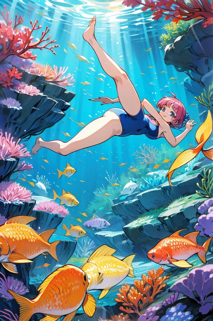 anime style, super fine illustration, highly detailed, dynamic angle, beautiful detailed, 8k, In the summer, at midday, underwater, BREAK vivid tropical fish swim in schools, surrounded by colorful corals on the seabed. A graceful sea turtle swims among them. BREAK A beautiful mermaid swims happily around, smiling occasionally. BREAK Sunlight filters through the water, brightly illuminating the scene. BREAK Everyone is enjoying the underwater world.(LoRA:0.5)