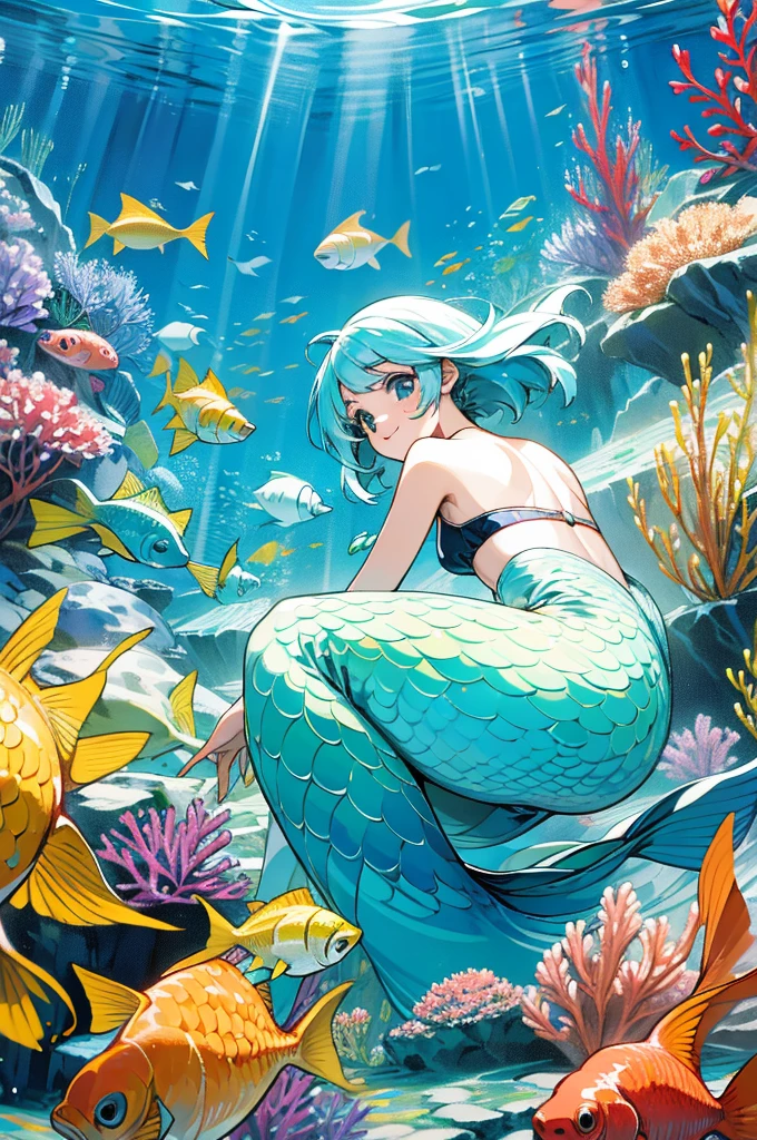 anime style, super fine illustration, highly detailed, dynamic angle, beautiful detailed, 8k, In the summer, at midday, underwater, BREAK vivid tropical fish swim in schools, surrounded by colorful corals on the seabed. A graceful sea turtle swims among them. BREAK A beautiful mermaid swims happily around, smiling occasionally. BREAK Sunlight filters through the water, brightly illuminating the scene. BREAK Everyone is enjoying the underwater world.(LoRA:0.5)