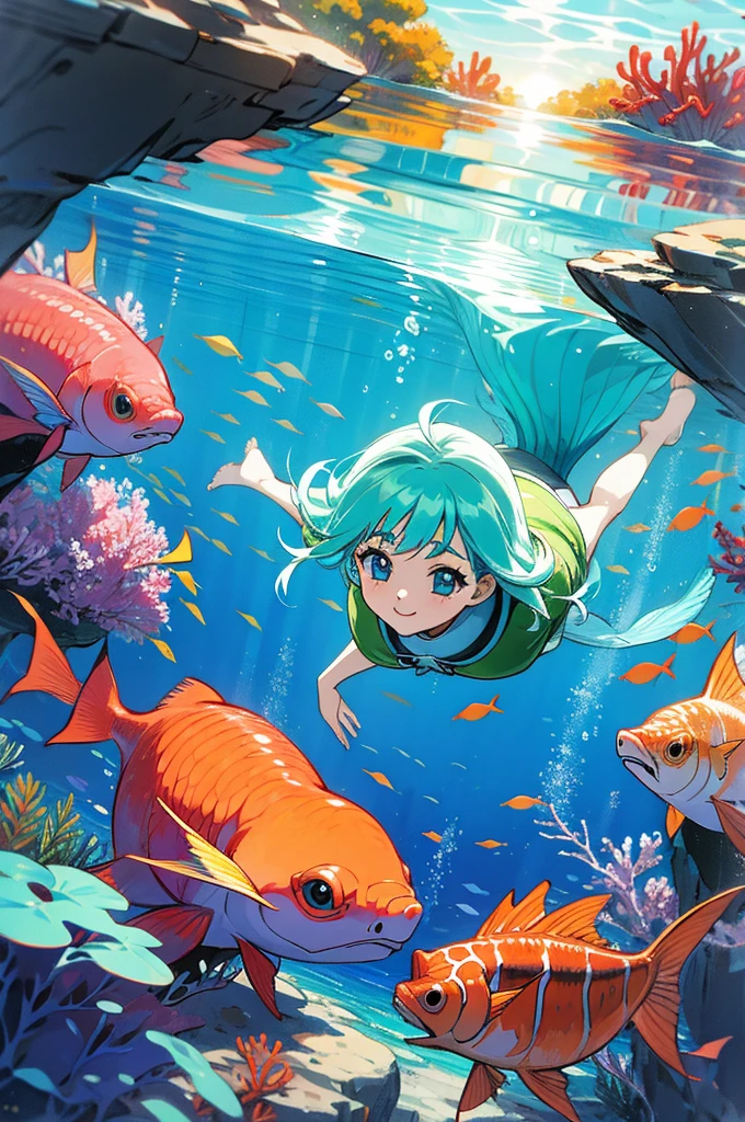 anime style, super fine illustration, highly detailed, dynamic angle, beautiful detailed, 8k, In the summer, at midday, underwater, BREAK vivid tropical fish swim in schools, surrounded by colorful corals on the seabed. A graceful sea turtle swims among them. BREAK A beautiful mermaid swims happily around, smiling occasionally. BREAK Sunlight filters through the water, brightly illuminating the scene. BREAK Everyone is enjoying the underwater world.(LoRA:0.5)