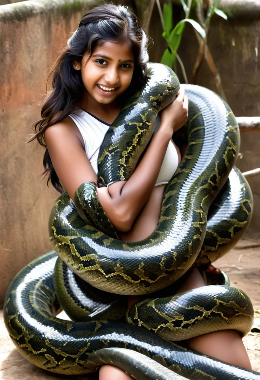 Happy Horny, aroused 1girl), beautiful Indian young teen girl with giant colossal Kaa monster squeezing her hard, wrapped in thick spiraling coils, constricted, struggle, gasping for air, snake attack, snake peril,